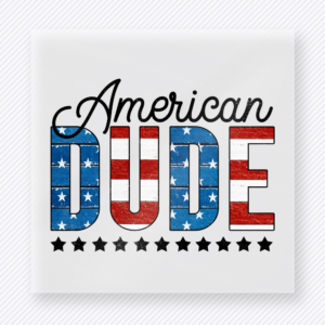 American Dude Script Patriotic DTF transfer mockup with American Dude script in patriotic flag fill