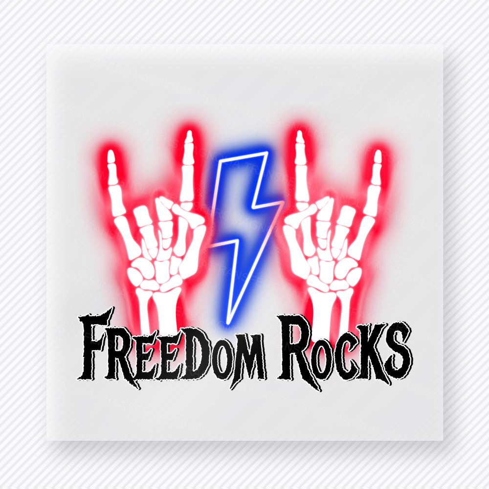 Freedom Rocks Neon Patriotic DTF transfer mockup with Freedom Rocks wording with skeleton hands and lightning bolt