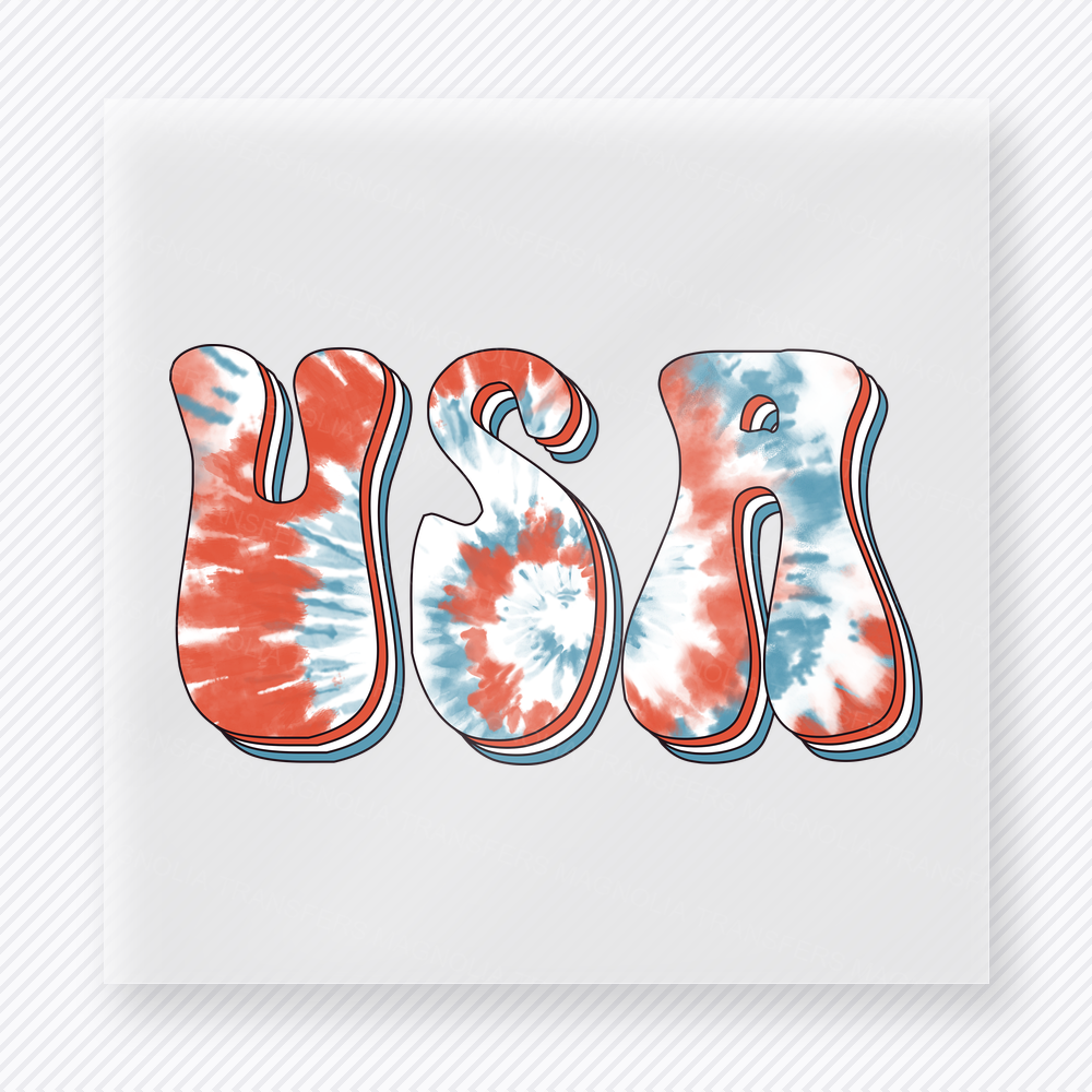 USA Tie Dye Patriotic DTF transfer mockup with USA lettering in red white blue tie dye