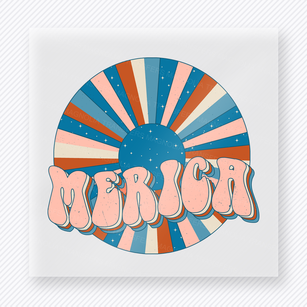 Merica Retro Sunburst Patriotic DTF transfer mockup with Merica lettering over retro patriotic sunburst