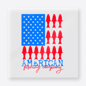 American Funny Company Flag Blue Patriotic DTF transfer mockup with American flag with red silhouette figures and blue American Funny Company wording
