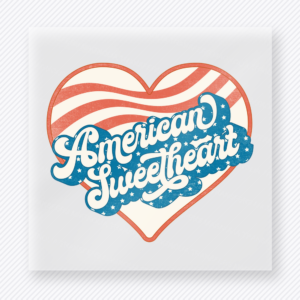 American Sweetheart Patriotic DTF transfer mockup with American Sweetheart heart design in patriotic stripes
