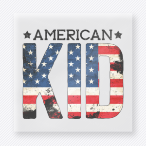 American Kid Patriotic DTF transfer mockup with American Kid lettering in stars and stripes fill