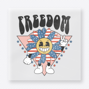 Freedom Smiley Peace Blue Patriotic DTF transfer mockup with smiley peace flower character with Freedom wording and blue trim