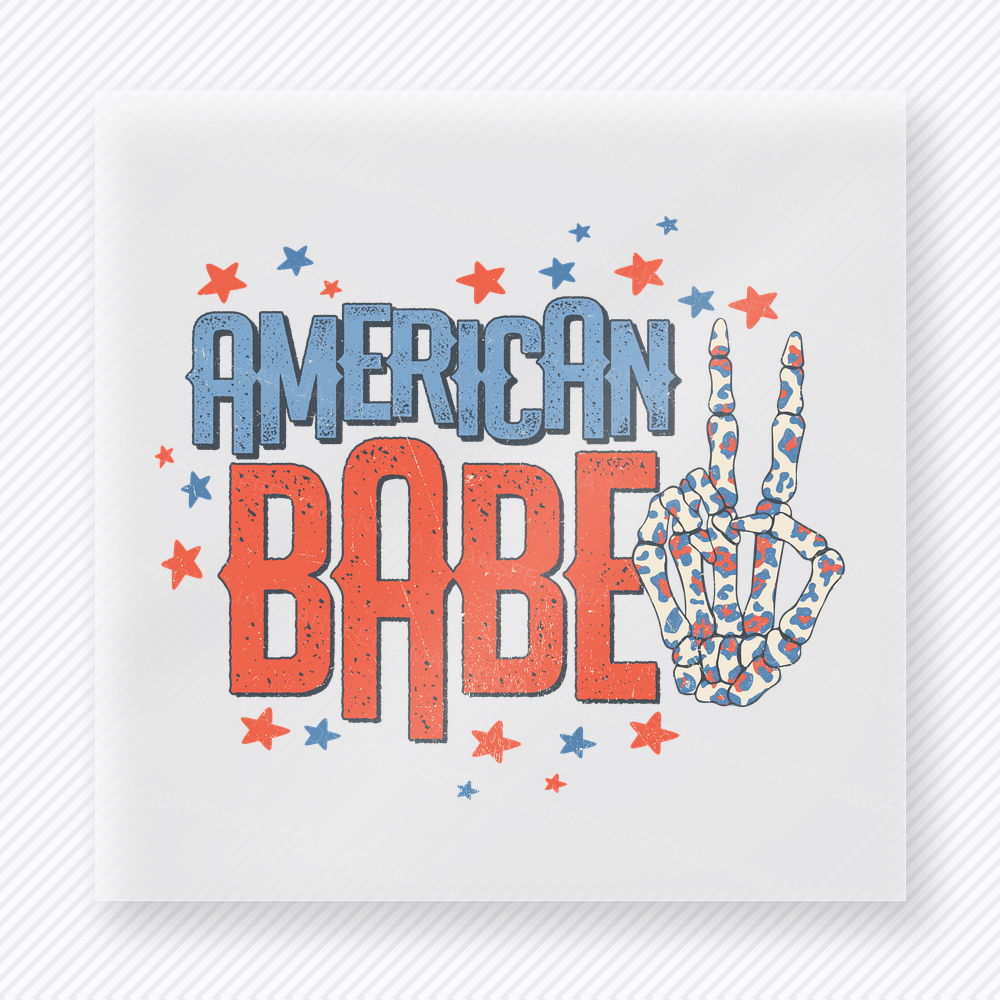 American Babe Peace Sign Patriotic DTF transfer mockup with American Babe wording with patriotic peace sign