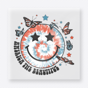 America the Beautiful Smiley Patriotic DTF transfer mockup with tie dye smiley face with America the Beautiful wording
