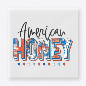 American Honey Stars Patriotic DTF transfer mockup with American Honey lettering with stars and patriotic fill