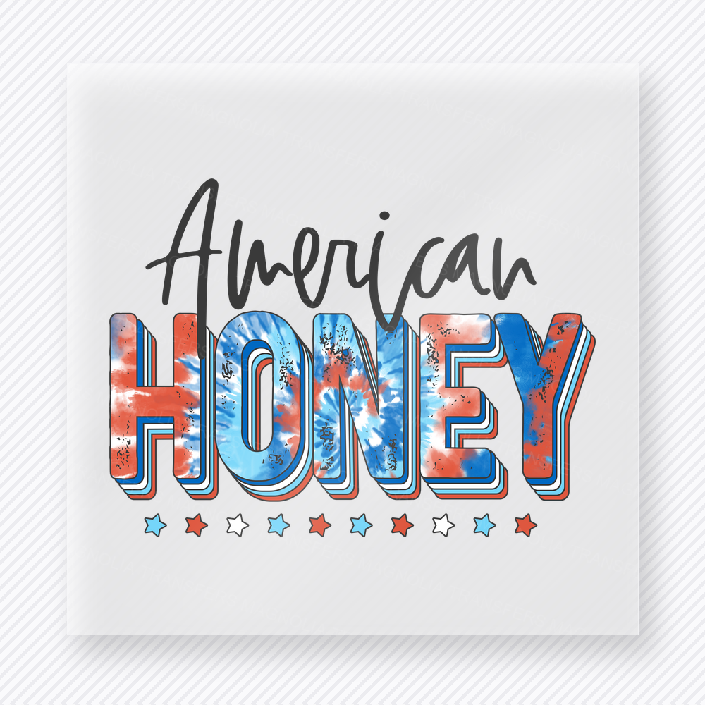 American Honey Outline Patriotic DTF transfer mockup with American Honey lettering in patriotic outline fill