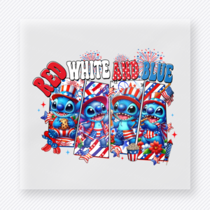 Red White and Blue Crew Patriotic DTF transfer mockup with cartoon blue character lineup with Red White and Blue Crew wording