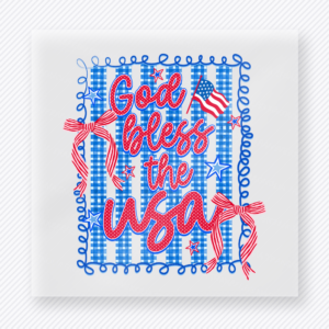 God Bless the USA Cow Bow Patriotic DTF transfer mockup with God bless the USA script over pink bow cow print frame