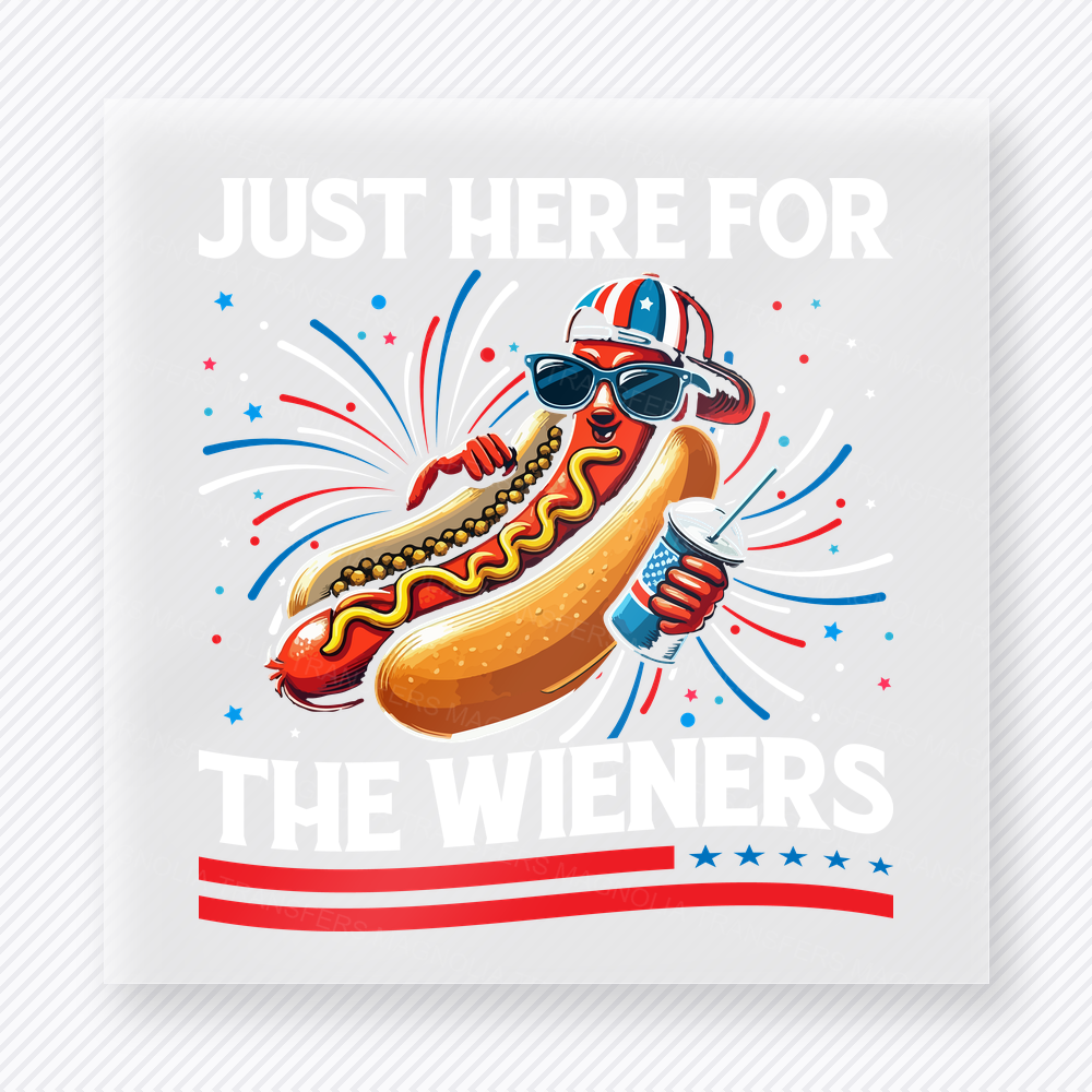 Just Here For the Weiners Patriotic DTF transfer mockup with hot dog character with Just Here For the Weiners wording