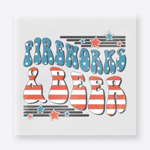 Fireworks and Beers Patriotic DTF transfer mockup with Fireworks and Beers wording in patriotic fill