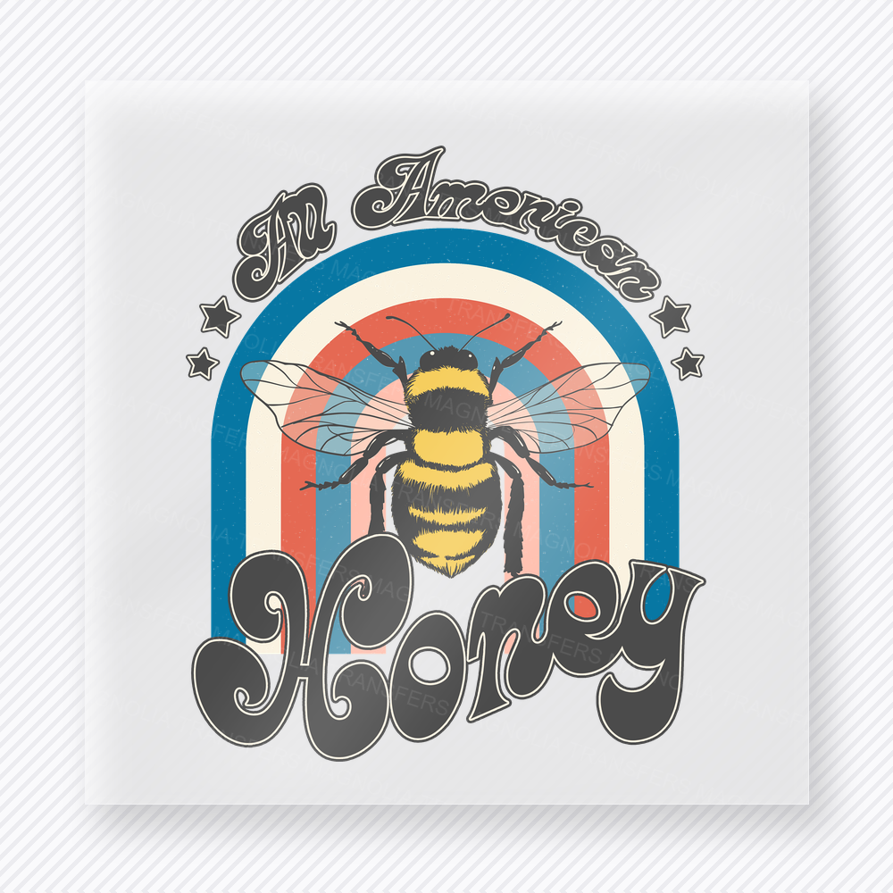 American Honey Bee Patriotic DTF transfer mockup with bee rainbow design with American Honey wording
