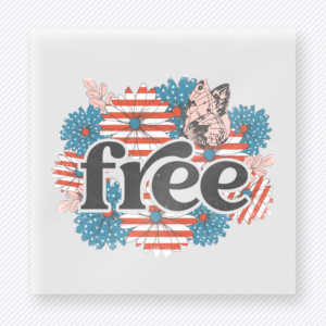 Free Floral Flag Patriotic DTF transfer mockup with Free script over patriotic florals and flag background