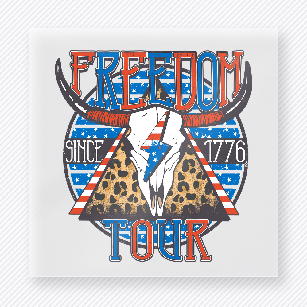 Freedom Tour Bull Skull Patriotic DTF transfer mockup with bull skull and tent design with Freedom Tour wording