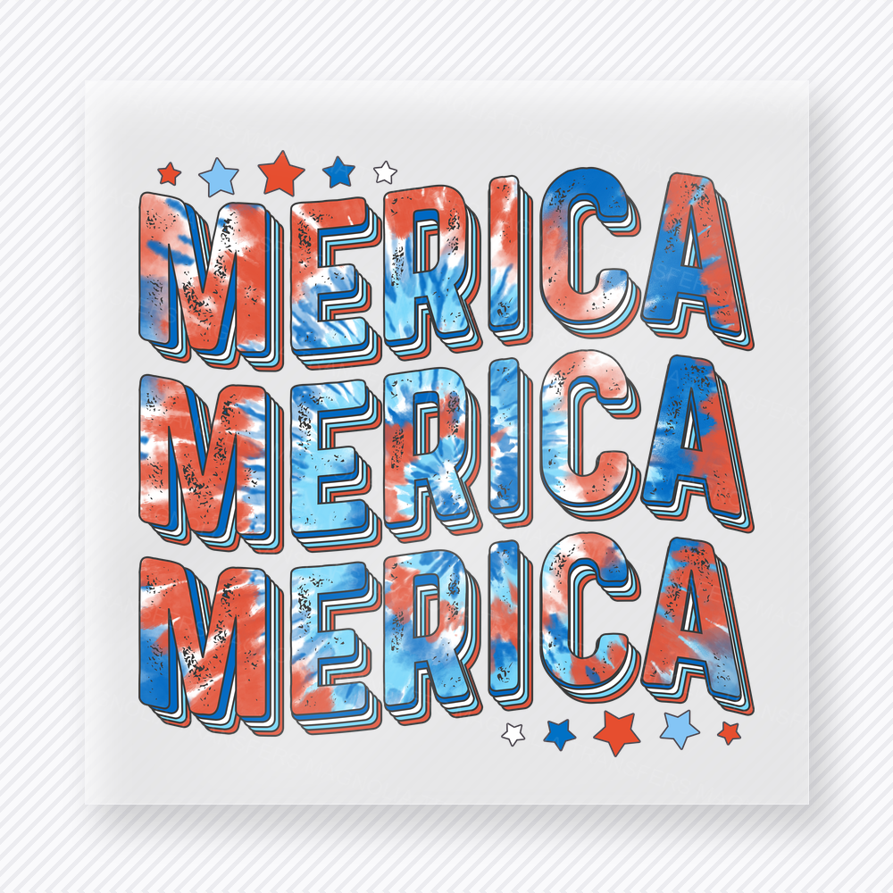 Merica Merica Merica Patriotic DTF transfer mockup with stacked Merica wording in patriotic fill