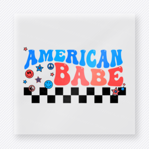 American Babe Checkered Patriotic DTF transfer mockup with American Babe wording with stars and checkered trim
