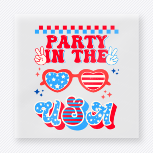 Party in the USA Hearts Patriotic DTF transfer mockup with Party in the USA wording with hearts and peace signs
