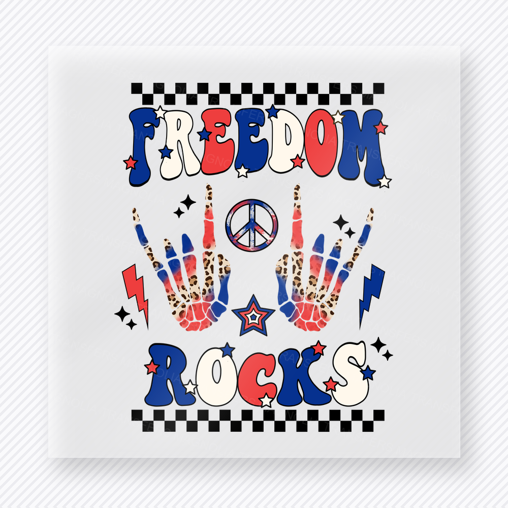 Freedom Rocks Peace Hands Patriotic DTF transfer mockup with Freedom Rocks wording with patriotic peace hands and checker trim