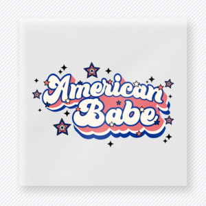 American Babe Shadow Patriotic DTF transfer mockup with American Babe script with patriotic shadow fill
