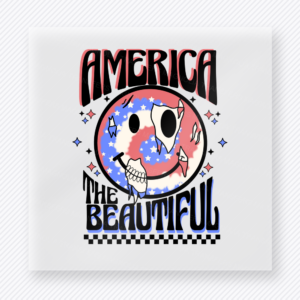 America the Beautiful Smiley Checkered Patriotic DTF transfer mockup with patriotic smiley face with America the Beautiful wording and checker trim