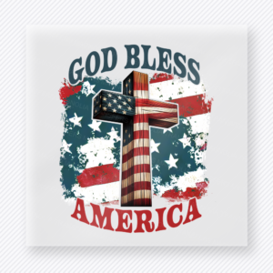 God Bless America Cross Patriotic DTF transfer mockup with cross with flag fill and God Bless America wording