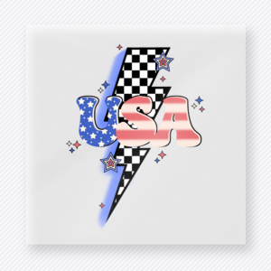 USA Lightning Patriotic DTF transfer mockup with USA lettering with lightning bolt in patriotic fill