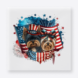 Patriotic Yorkie Duo Patriotic DTF transfer mockup with two yorkie dogs with patriotic hats and fireworks