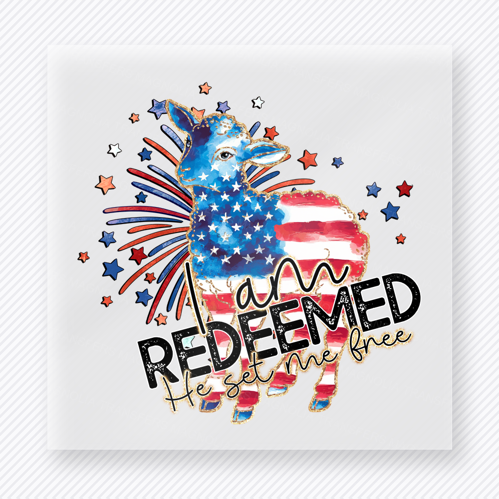 I Am Redeemed and Set Free Patriotic DTF transfer mockup with cow silhouette with patriotic fill and redeemed faith wording
