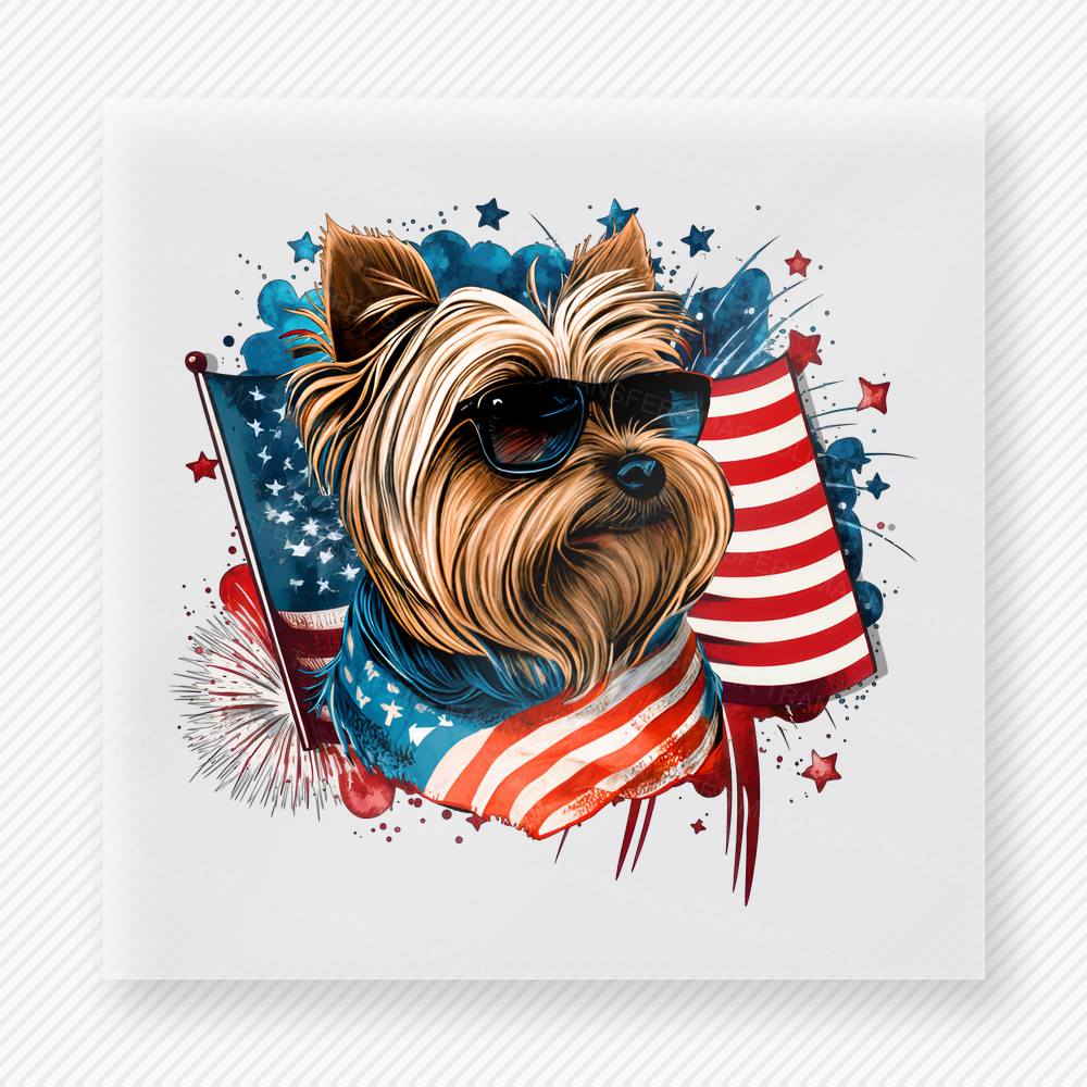 Patriotic Yorkie Portrait Patriotic DTF transfer mockup with yorkie portrait with patriotic scarf and sunglasses