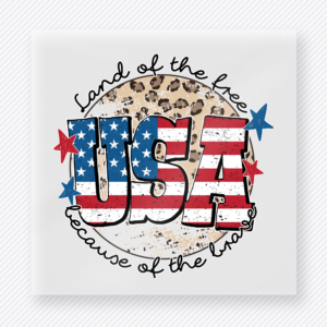 Land of the Free USA Leopard Patriotic DTF transfer mockup with USA lettering with leopard accents and Land of the Free Because of the Brave wording