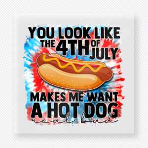 You Look Like the 4th of July Hot Dog Real Bad Patriotic DTF transfer mockup with funny hot dog 4th of July quote in bright patriotic colors