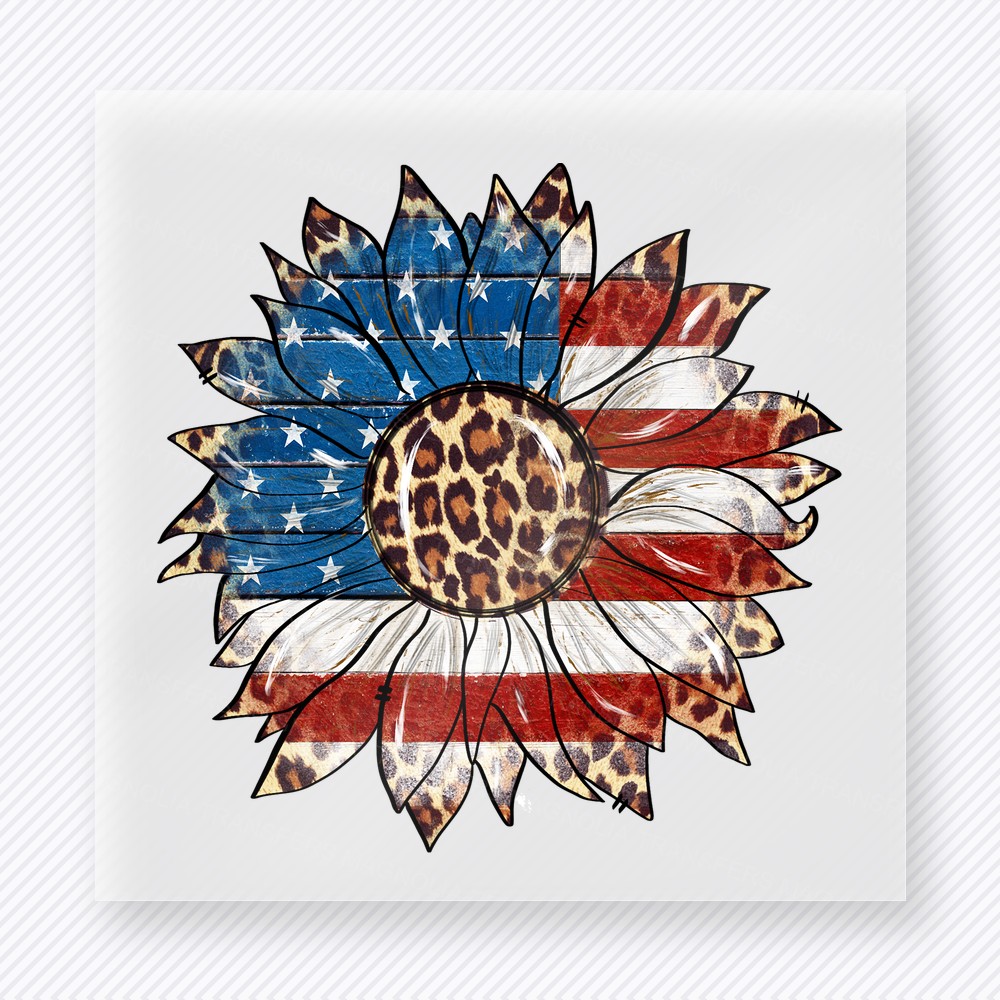 Patriotic Leopard Sunflower Patriotic DTF transfer mockup with sunflower with leopard center and patriotic petals