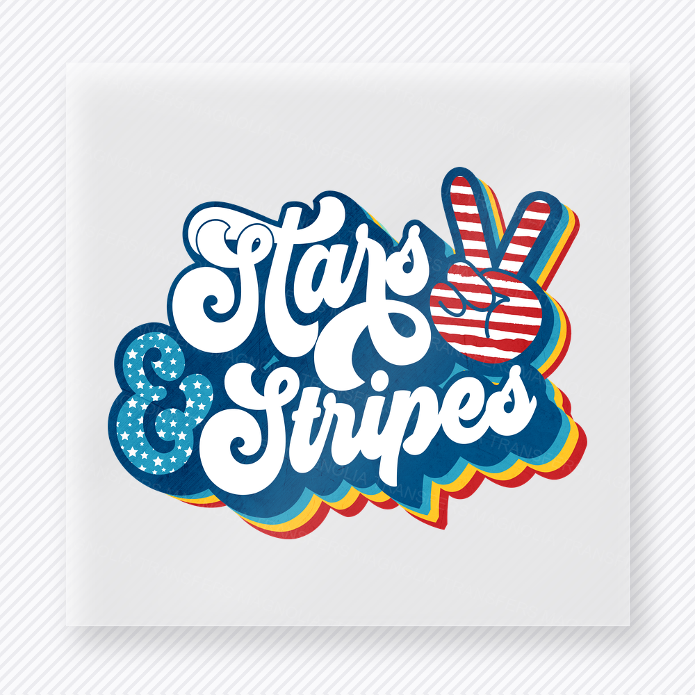 Stars and Stripes Peace Patriotic DTF transfer mockup with Stars and Stripes script with layered peace sign
