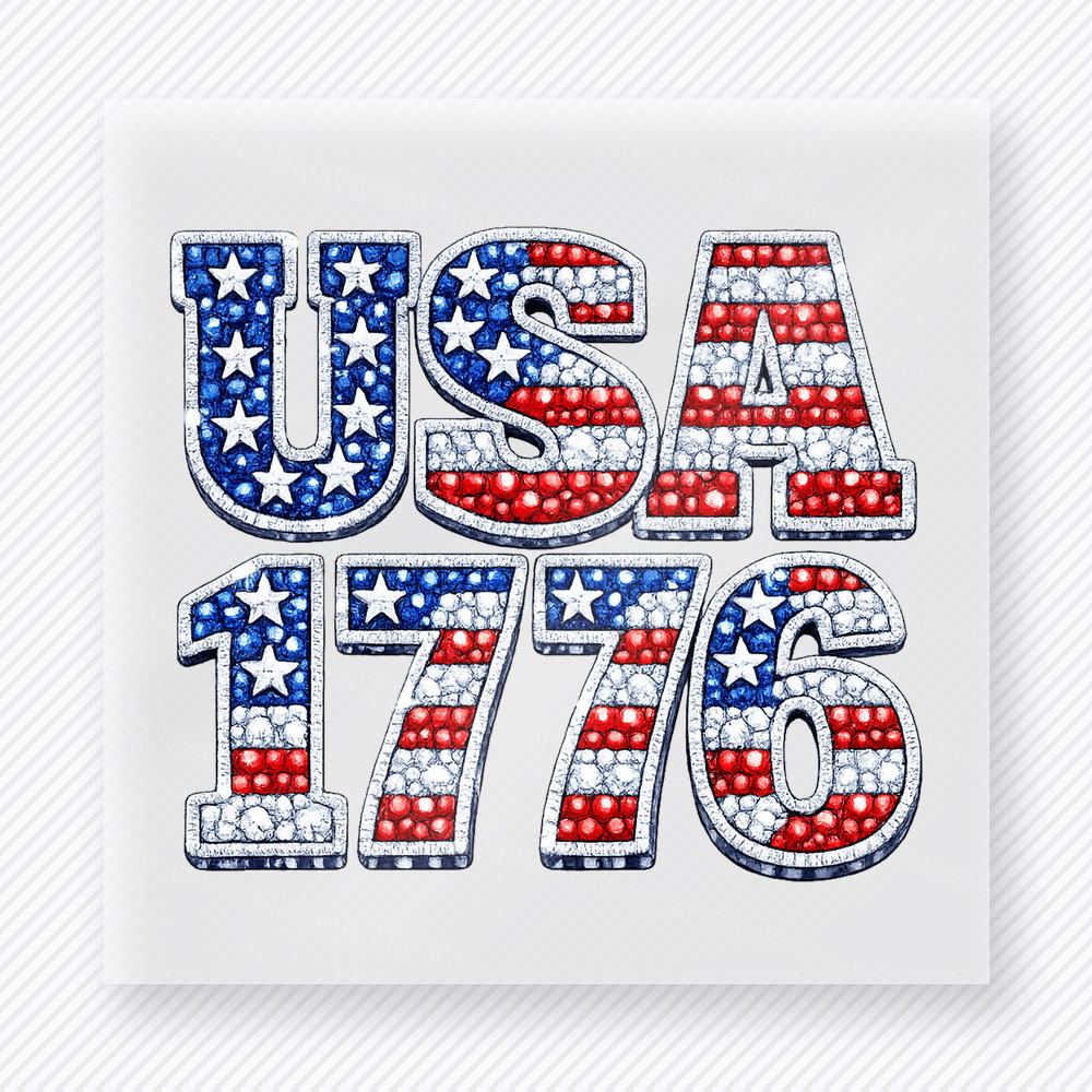 USA 1776 Patriotic DTF transfer mockup with USA 1776 patriotic block lettering