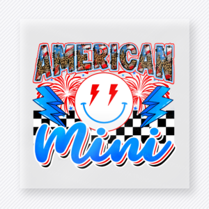 American Mini Lightning Smile Patriotic DTF transfer mockup with American Mini wording with lightning smiley and checkered accents
