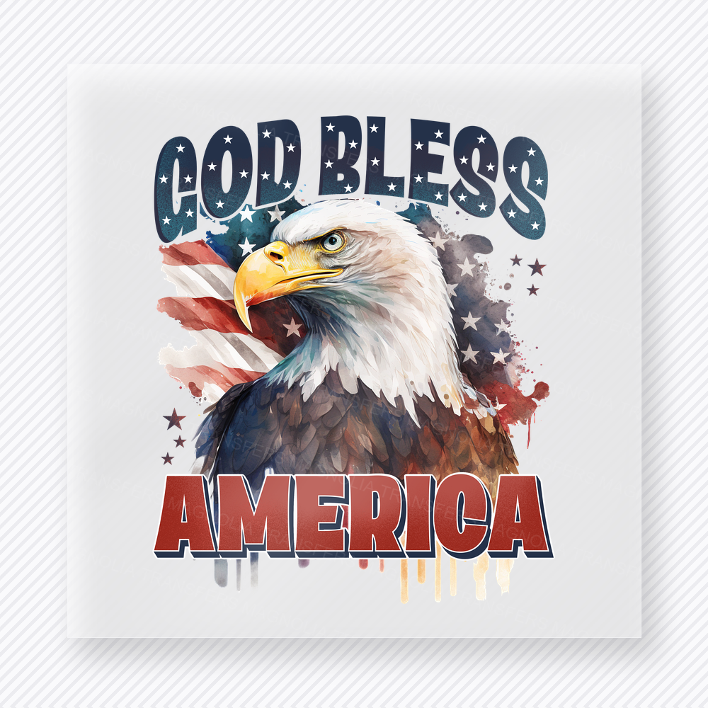 God Bless America Eagle Patriotic DTF transfer mockup with eagle portrait with God Bless America wording