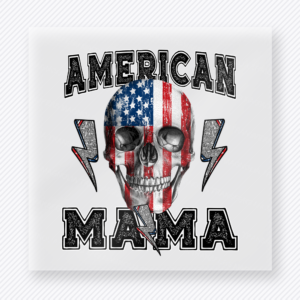 American Mama Skull Flag Black Patriotic DTF transfer mockup with dark patriotic skull artwork with American Mama wording