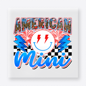 American Mini Lightning Smile Fireworks Patriotic DTF transfer mockup with American Mini wording with lightning smiley, fireworks, and checkered accents