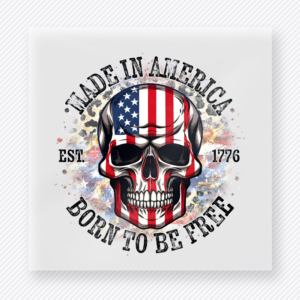 Made in America Born to Be Free Skull Flag Patriotic DTF transfer mockup with skull emblem with vertical flag fill and Made in America Born to Be Free wording