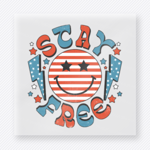 Stay Free Smiley Patriotic DTF transfer mockup with Stay Free smiley face design in patriotic colors