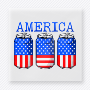 America Beer Cans Patriotic DTF transfer mockup with America wording over three patriotic beer cans