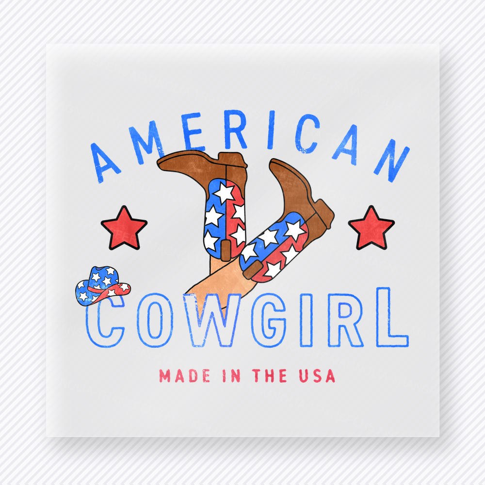 American Cowgirl Patriotic DTF transfer mockup with American Cowgirl horseshoe design with stars and stripes fill