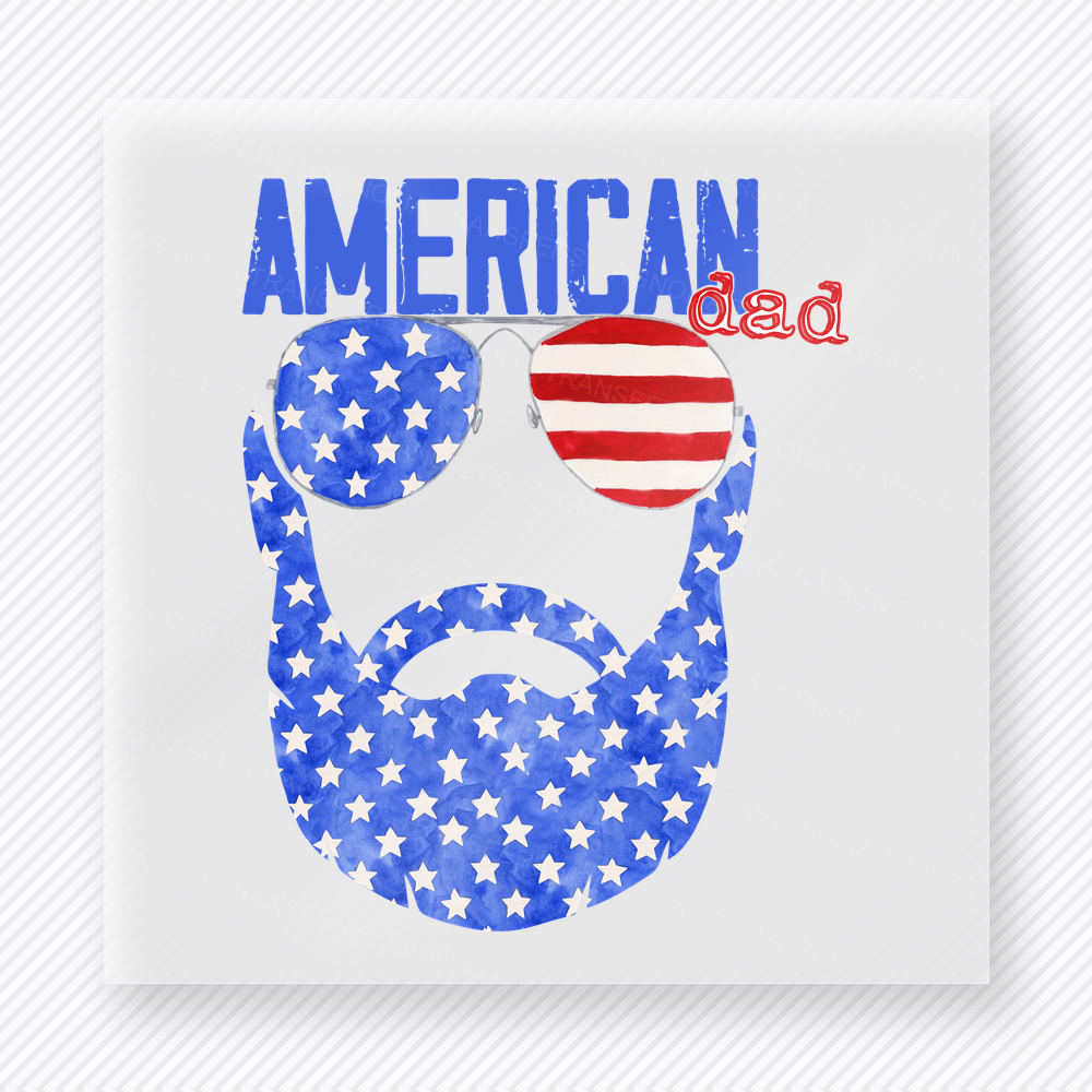 American Dad Beard Stars Patriotic DTF transfer mockup with beard graphic with American Dad wording in stars and stripes fill