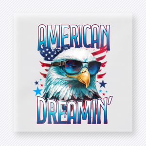 American Dreamin Eagle Patriotic DTF transfer mockup with American Dreamin artwork with eagle in sunglasses