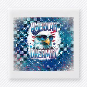 American Dreamin Eagle Watercolor Patriotic DTF transfer mockup with watercolor flag version of American Dreamin eagle artwork