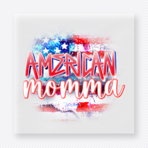 American Momma Watercolor Patriotic DTF transfer mockup with American Momma script in watercolor stars and stripes style