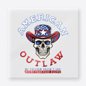 American Outlaw Skull Cowboy Hat Patriotic DTF transfer mockup with skull cowboy hat design with American Outlaw wording