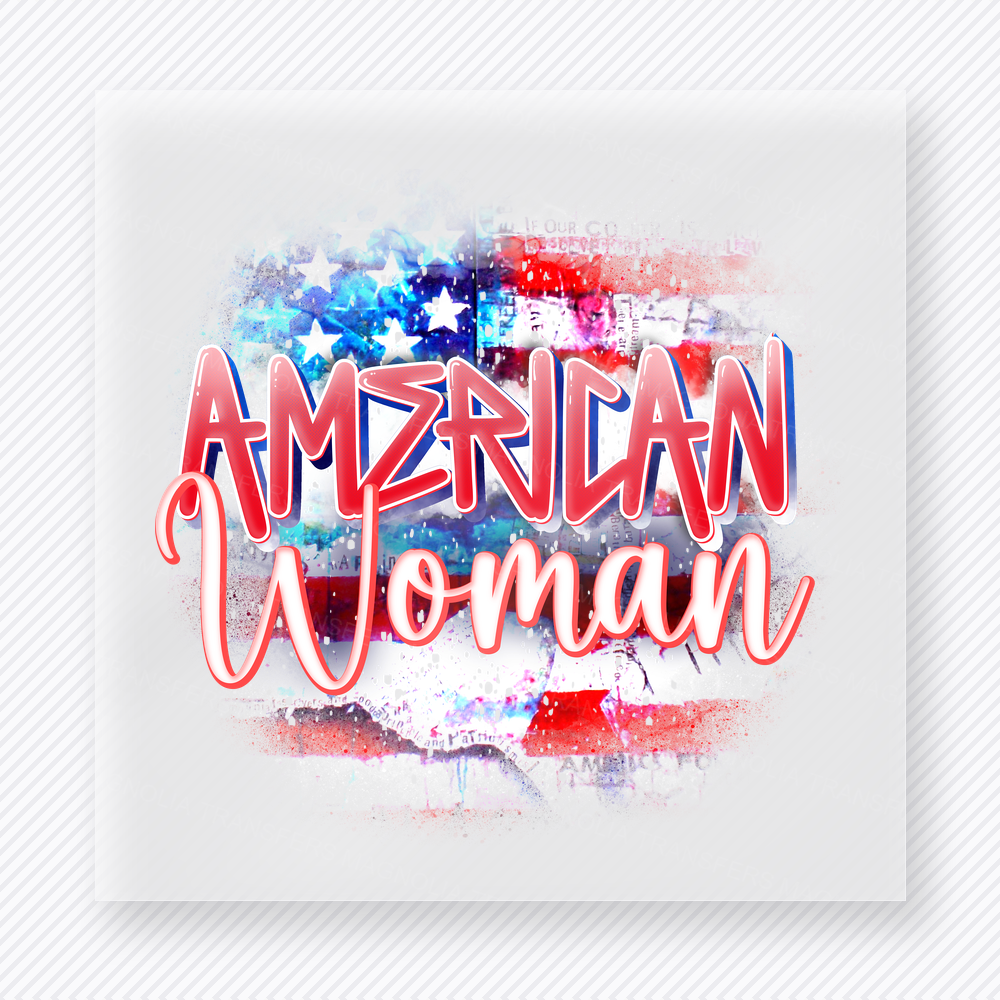 American Woman Watercolor Patriotic DTF transfer mockup with American Woman script in watercolor stars and stripes style