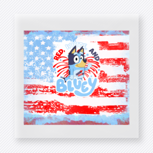 Red White and Bluey Flag Patriotic DTF transfer mockup with cartoon-inspired Red White and Bluey design over flag background